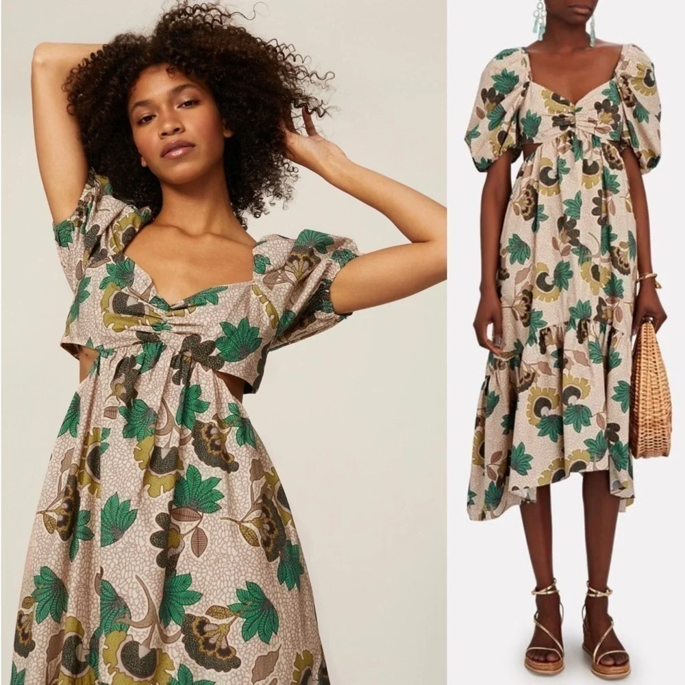 AUTUMN ADEIGBO Floral Print Puff Short Sleeve Cutout Tiered Ruffle Midi Dress 16